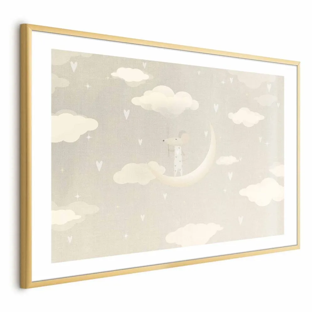 Plakat Myszka na księżycu 30x21 cm z ramą złotą z marginesem | MIRAT.