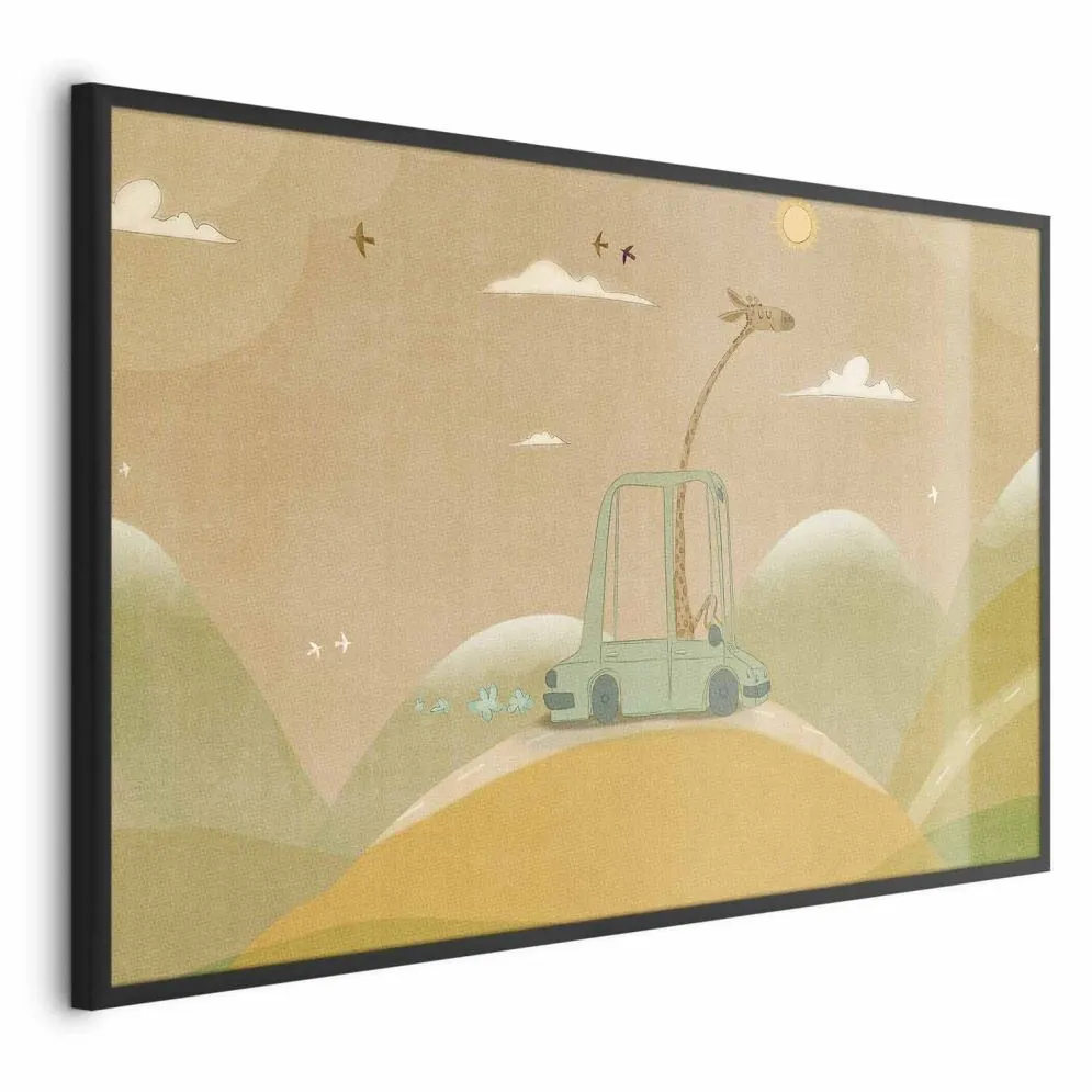 Plakat Podróżująca żyrafa 30x21 cm z ramą czarną bez marginesu | MIRAT.