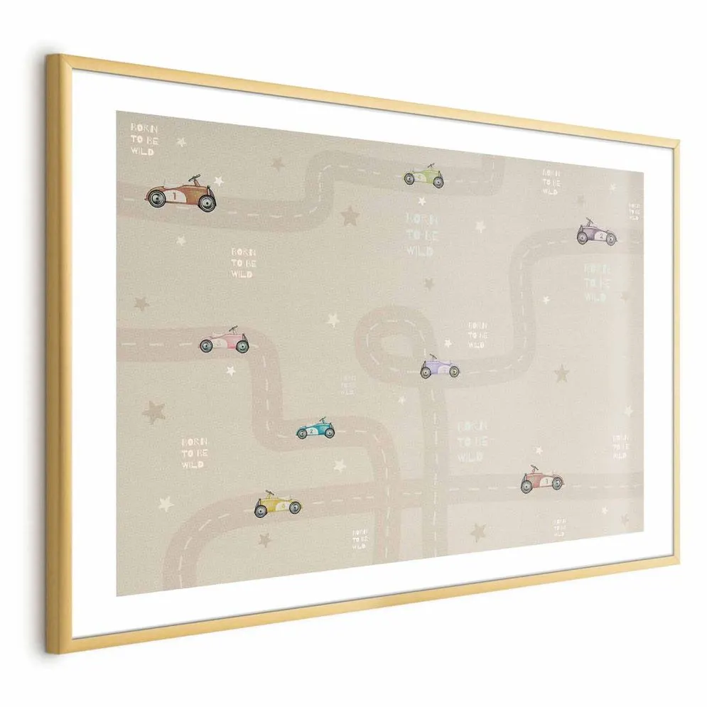 Plakat Wyścigowe autka 42x29,7 cm z ramą złotą z marginesem | MIRAT.