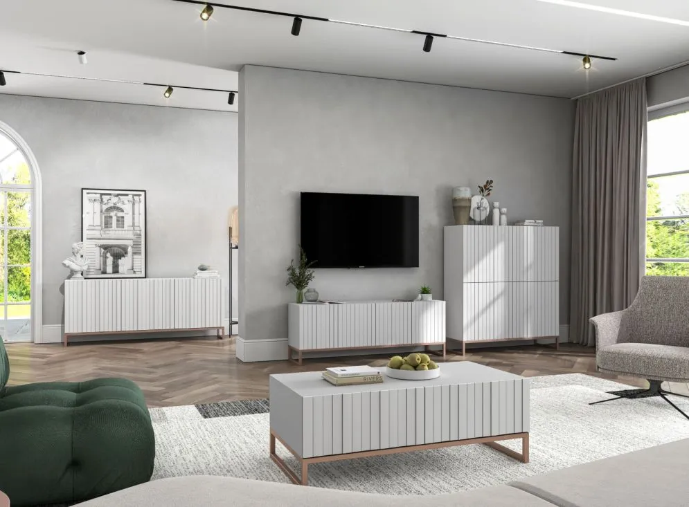 Stolik kawowy TAL 3D 110x54cm biały mat/gold do salonu I sklep meblowy MIRAT. styl GLAMOUR, RYFLOWANY kolekcja TAL