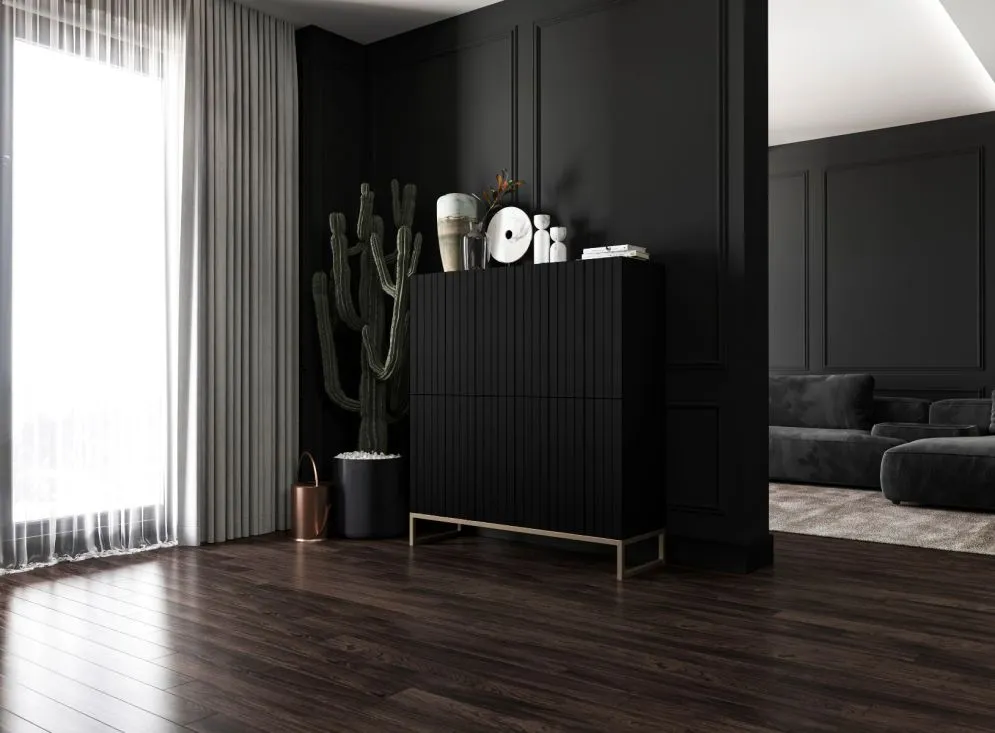 Komoda TAL 4D 112 czarna mat MEBLE LINDNER | MIRAT. styl RYFLOWANY kolekcja TAL