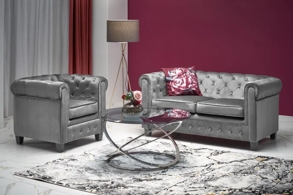 Fotel do salonu ERIKSEN VELVET szary aksamitny na drewnianych nogach | MIRAT. styl GLAMOUR