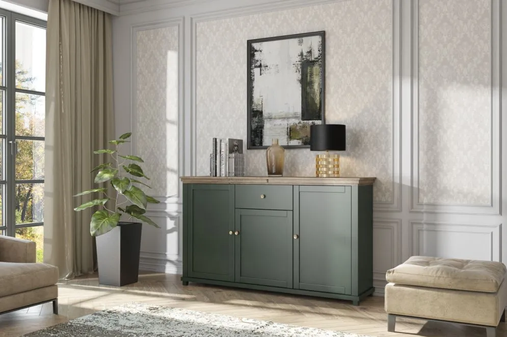 Komoda EVORA 3D1S 160 zielona mat/dąb lefkas HELVETIA | MIRAT. kolekcja EVORA
