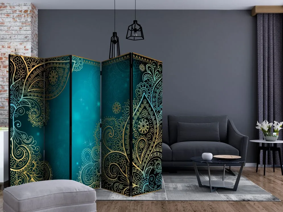 Parawan dwustronny Orient 225x172 cm 5-częściowy niebieski | MIRAT.