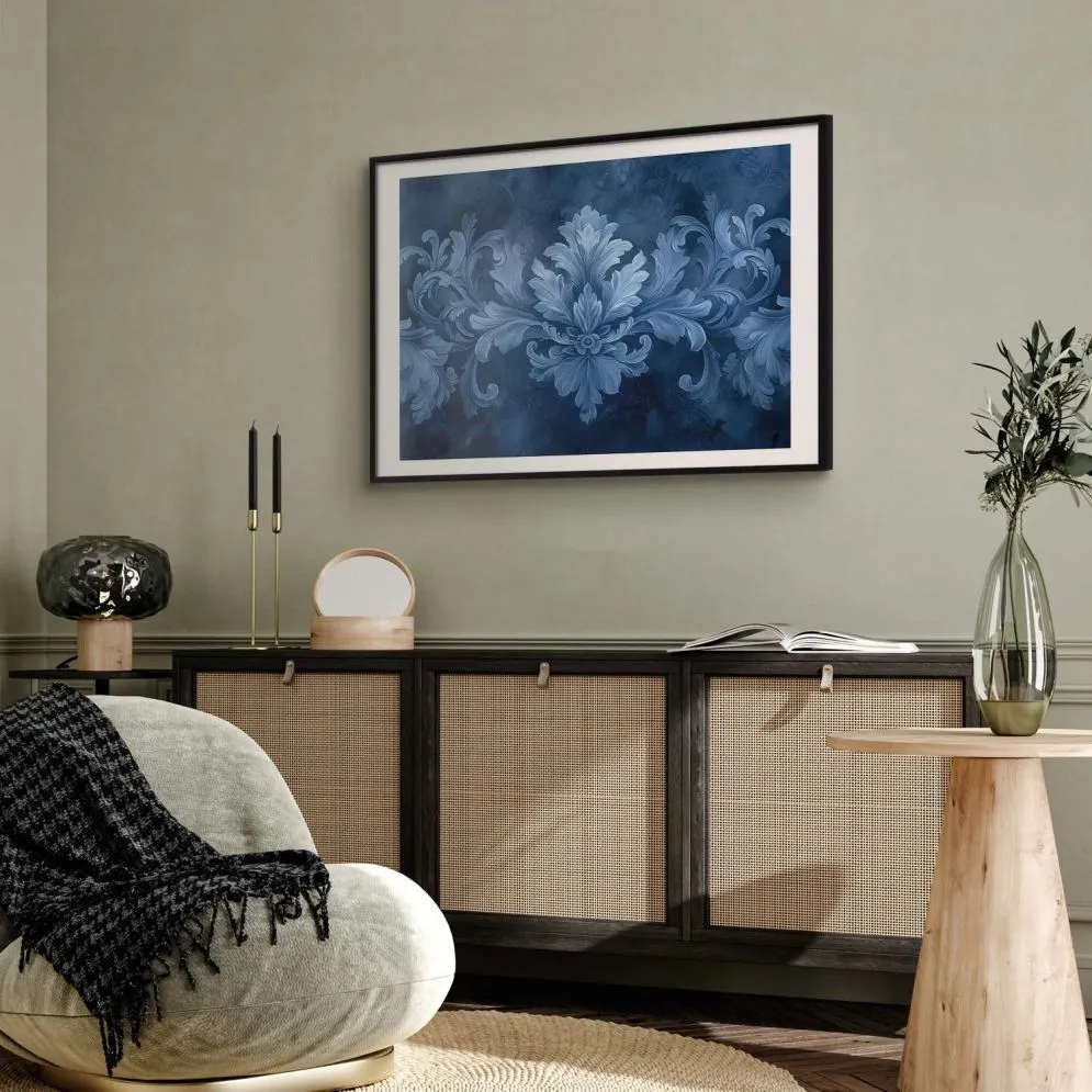 Plakat Błękitny ornament 60x40 cm z ramą czarną z marginesem | MIRAT.