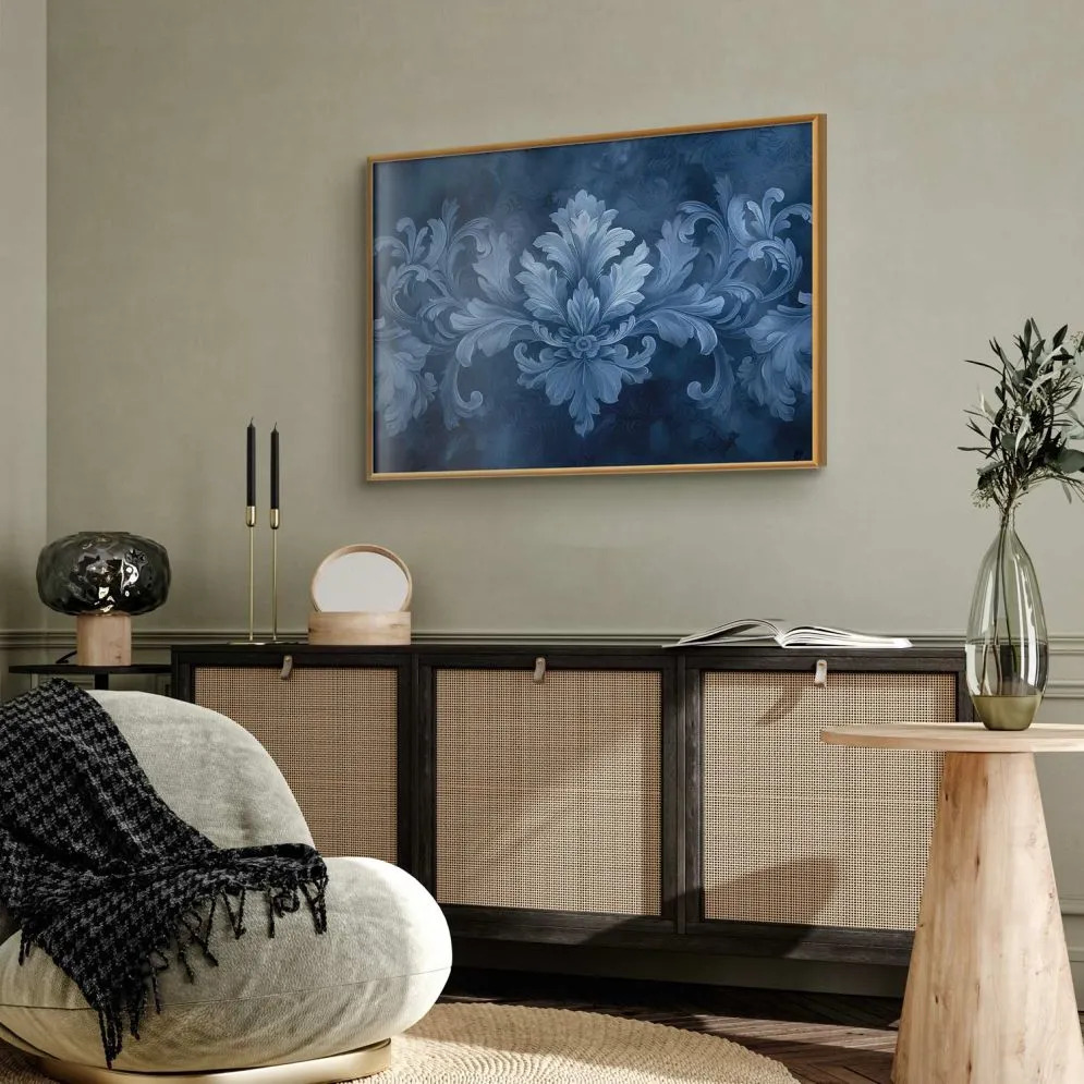 Plakat Błękitny ornament 42x29,7 cm z ramą złotą bez marginesu | MIRAT.
