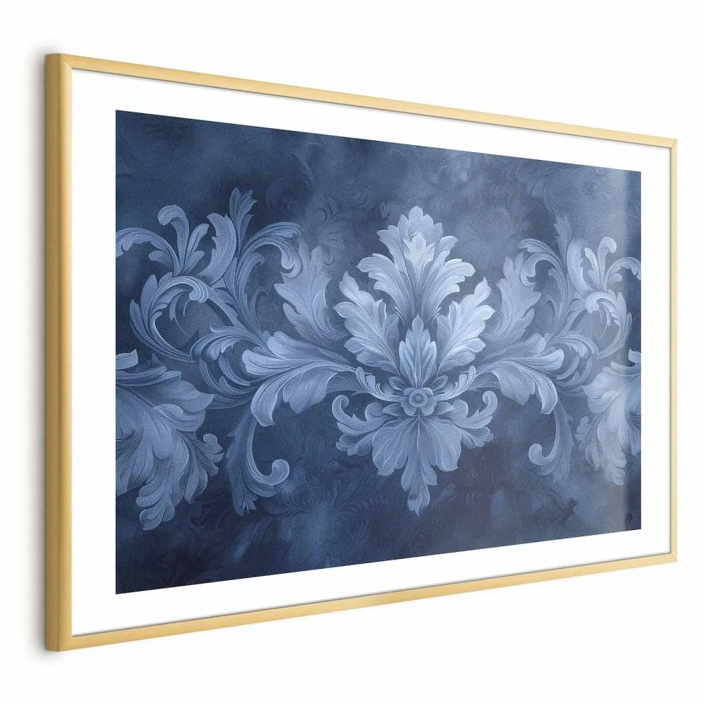 Plakat Błękitny ornament 90x60 cm z ramą złotą z marginesem | MIRAT.