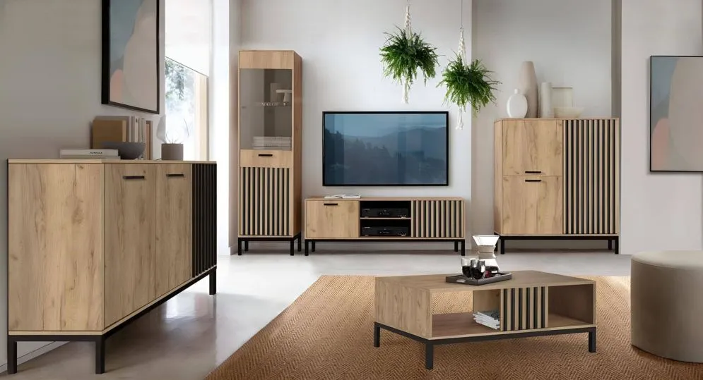 Komoda LAMINO KM-1 154cm dąb craft/czarna z lamelami I sklep meblowy MIRAT. styl LOFT kolekcja LAMINO