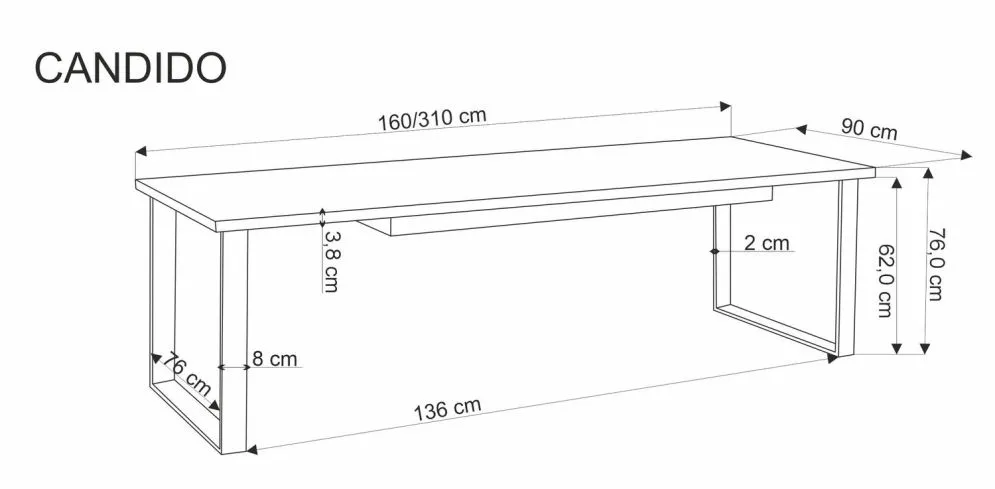 Stół rozkładany CANDIDO 160(310)x90 dąb wotan/czarny na metalowych nogach I sklep meblowy MIRAT. styl LOFT