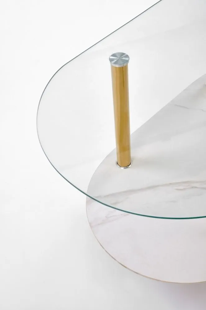 Owalna ława szklana DUCAT 100x50cm biały marmur/transparentna/złota I sklep meblowy MIRAT. styl GLAMOUR