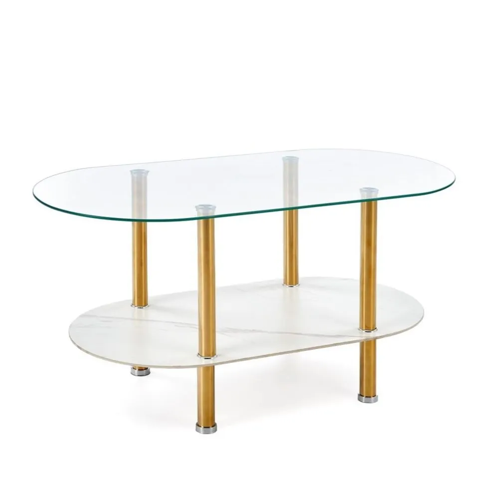 Owalna ława szklana DUCAT 100x50cm biały marmur/transparentna/złota I sklep meblowy MIRAT. styl GLAMOUR
