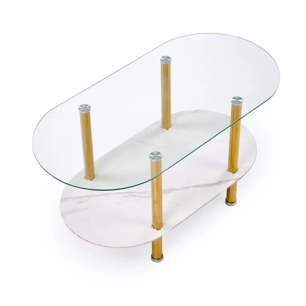 Owalna ława szklana DUCAT 100x50cm biały marmur/transparentna/złota I sklep meblowy MIRAT. styl GLAMOUR