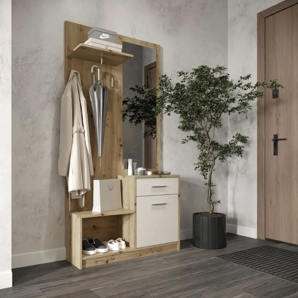 Garderoba do przedpokoju PERGO dąb artisan/kaszmirowa z lustrem I sklep meblowy MIRAT.