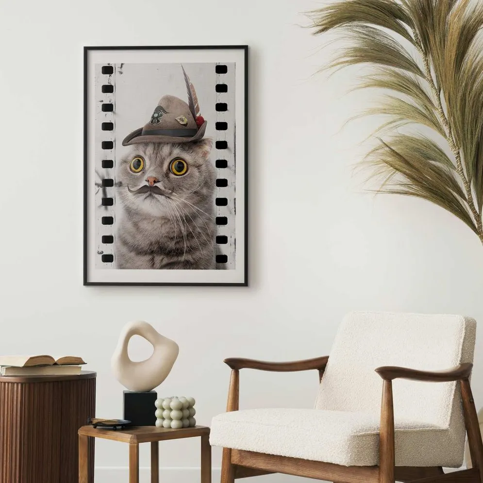 Plakat Kot w kapeluszu 29,7x42 cm z ramą czarną z marginesem | MIRAT.