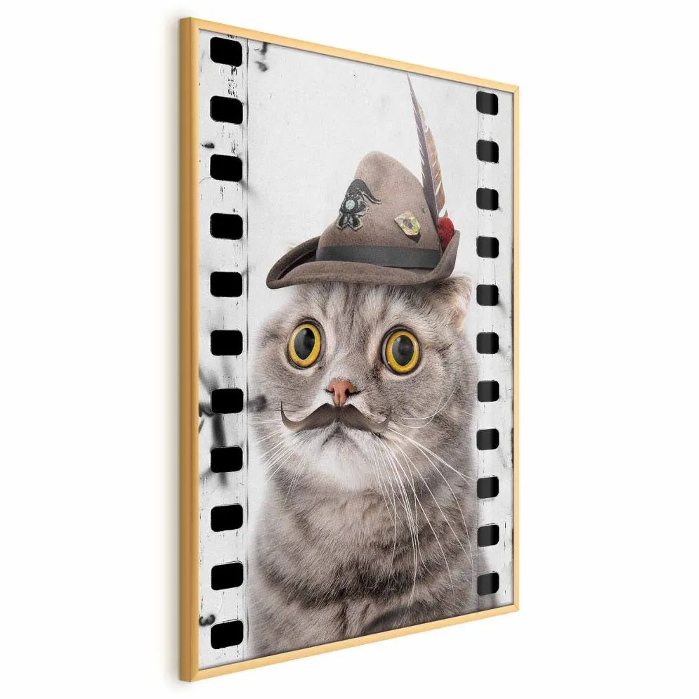 Plakat Kot w kapeluszu 40x60 cm z ramą złotą bez marginesu | MIRAT.