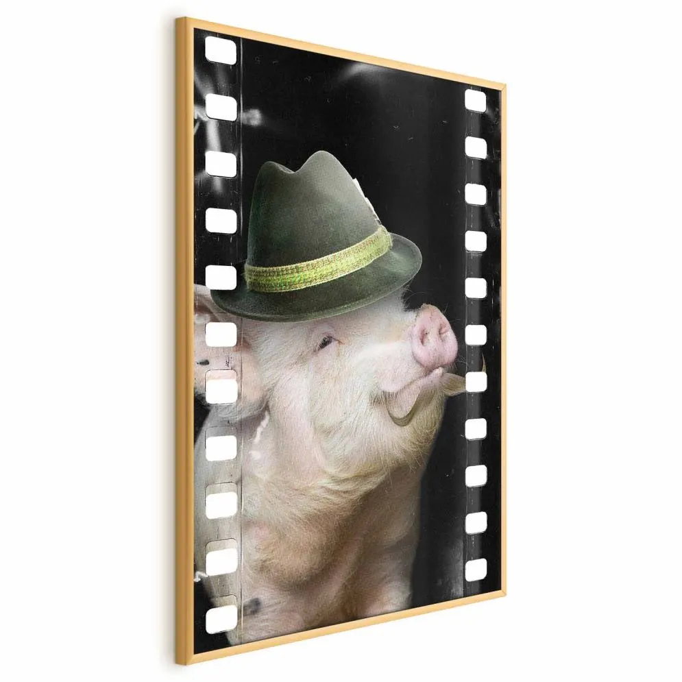 Plakat Świnia z wąsami 29,7x42 cm z ramą złotą bez marginesu | MIRAT.
