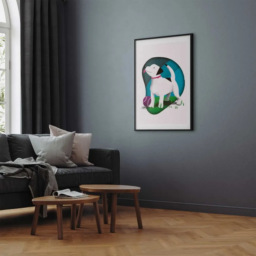 Plakat Pies i piłka 21x30 cm z ramą czarną z marginesem | MIRAT.