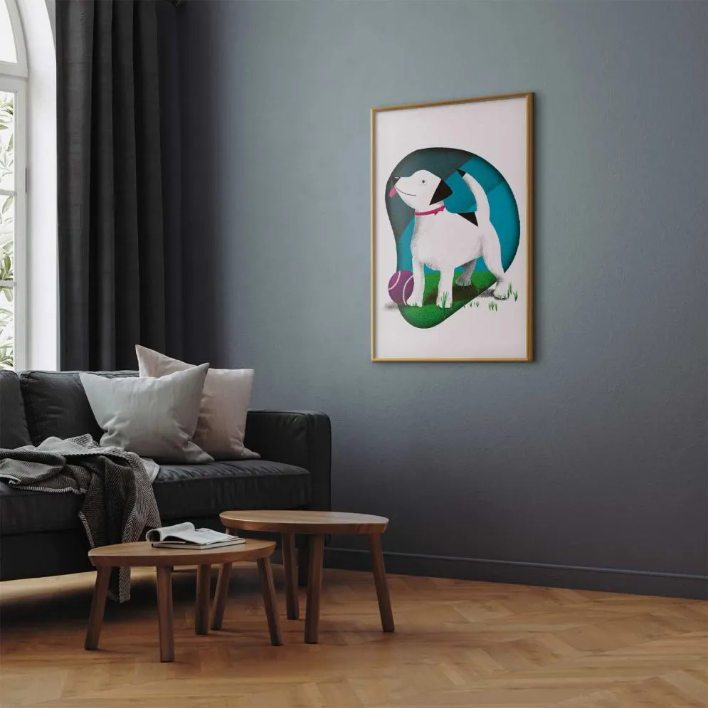 Plakat Pies i piłka 21x30 cm z ramą złotą bez marginesu | MIRAT.
