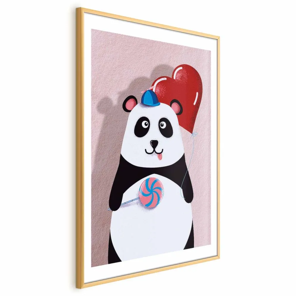 Plakat Panda z balonikiem 21x30 cm z ramą złotą z marginesem | MIRAT.