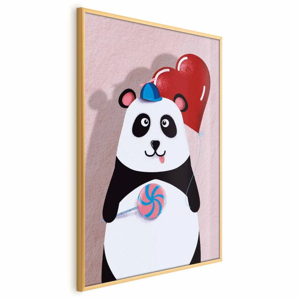 Plakat Panda z balonikiem 21x30 cm z ramą złotą bez marginesu | MIRAT.