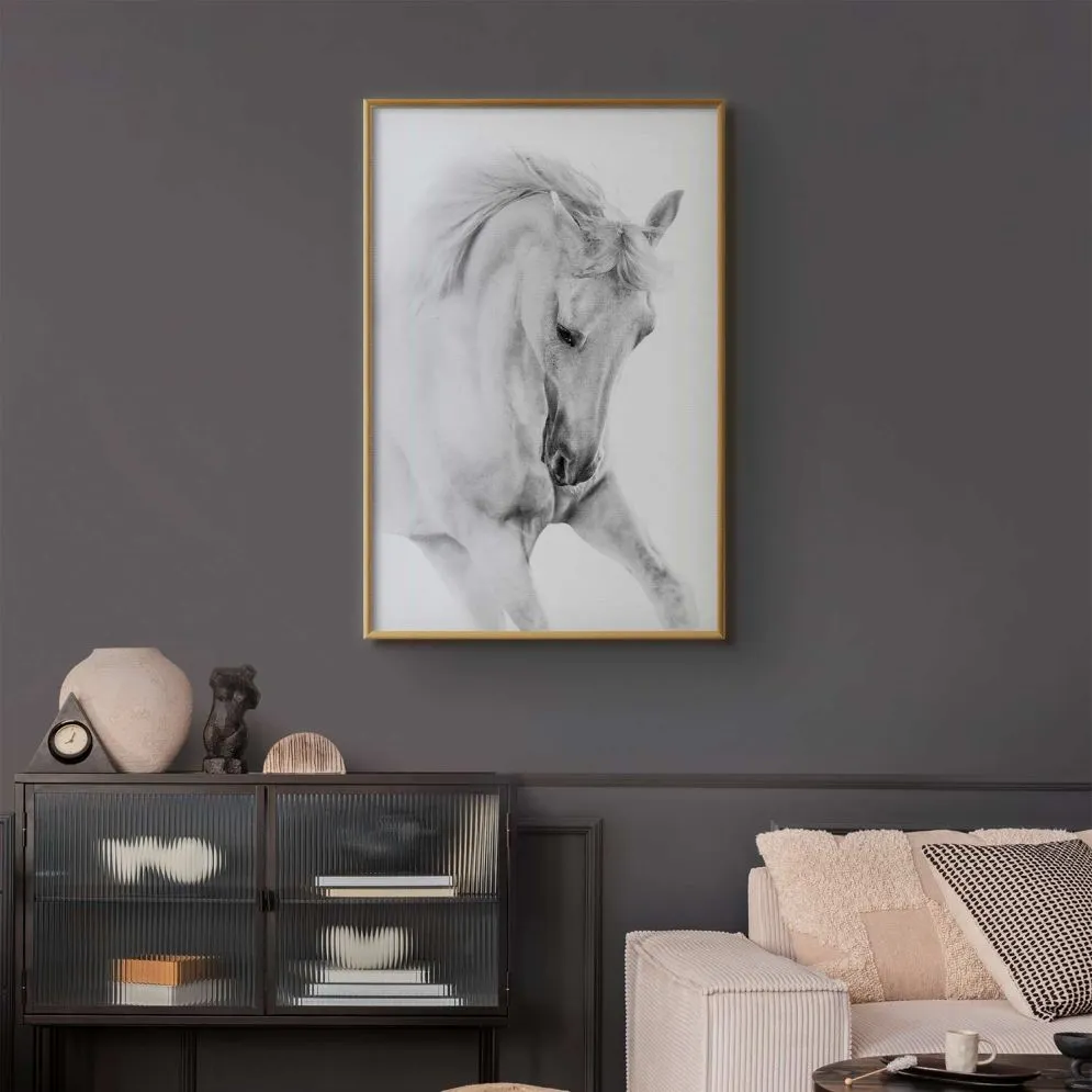 Plakat Biały koń 40x60 cm z ramą złotą bez marginesu | MIRAT.