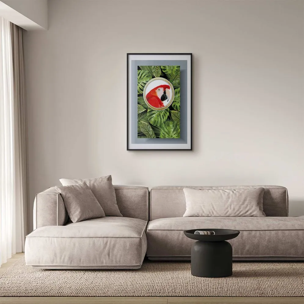 Plakat Papuga w dżungli 21x30 cm z ramą czarną z marginesem | MIRAT.