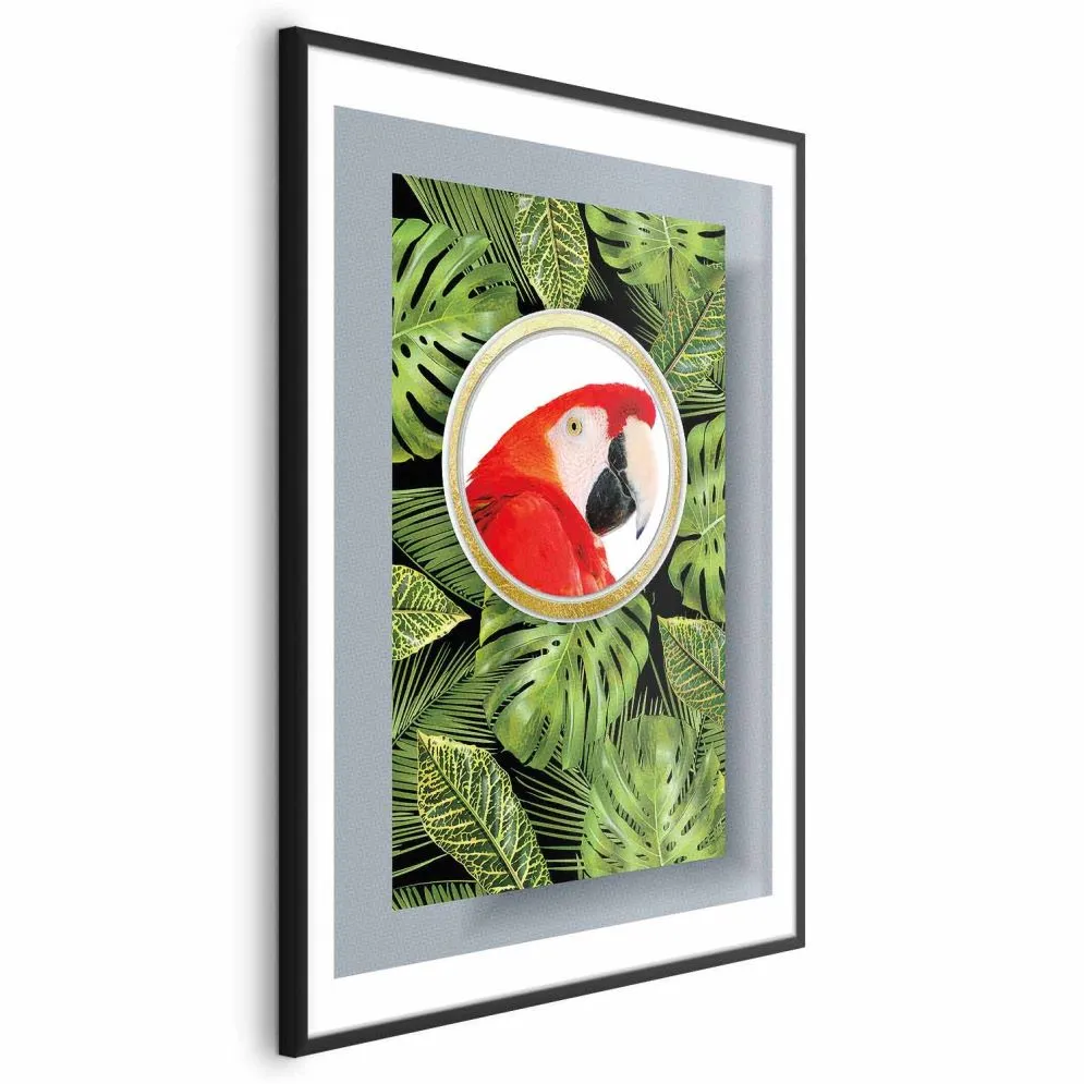Plakat Papuga w dżungli 21x30 cm z ramą czarną z marginesem | MIRAT.