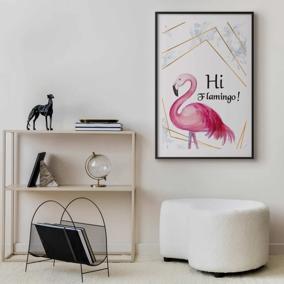 Plakat Hi flamingo 21x30 cm z ramą czarną z marginesem | MIRAT.