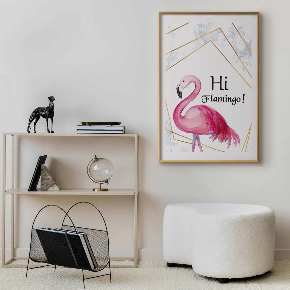 Plakat Hi flamingo 21x30 cm z ramą złotą z marginesem | MIRAT.