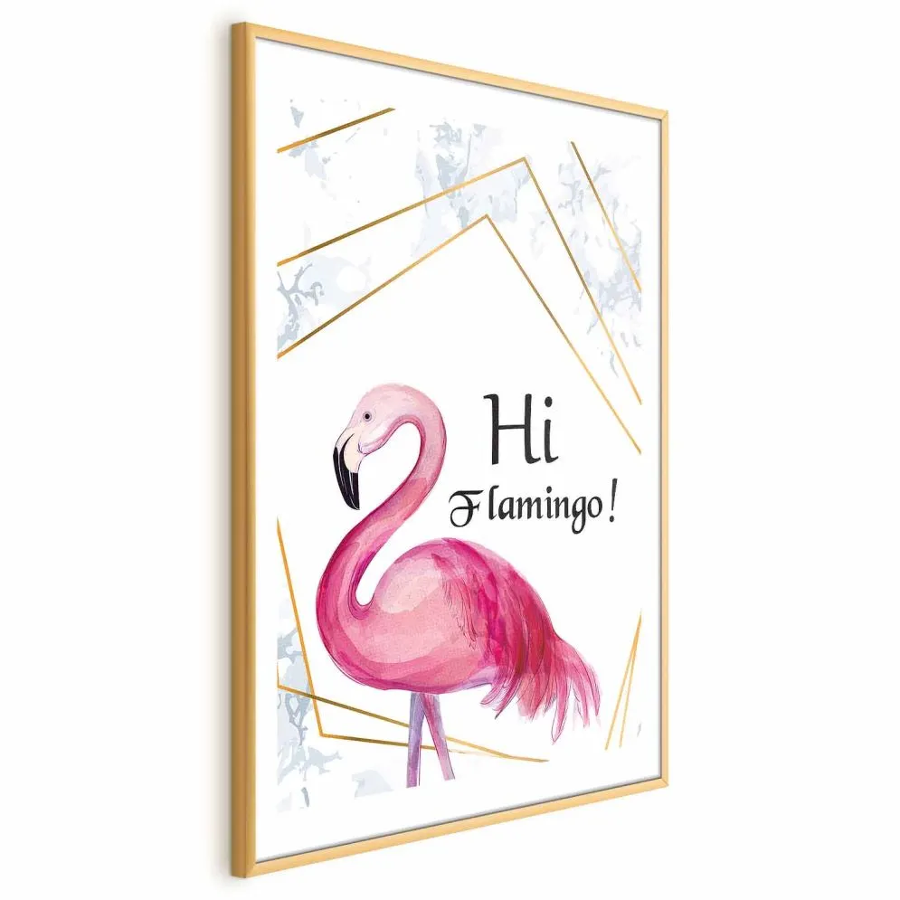 Plakat Hi flamingo 21x30 cm z ramą złotą z marginesem | MIRAT.