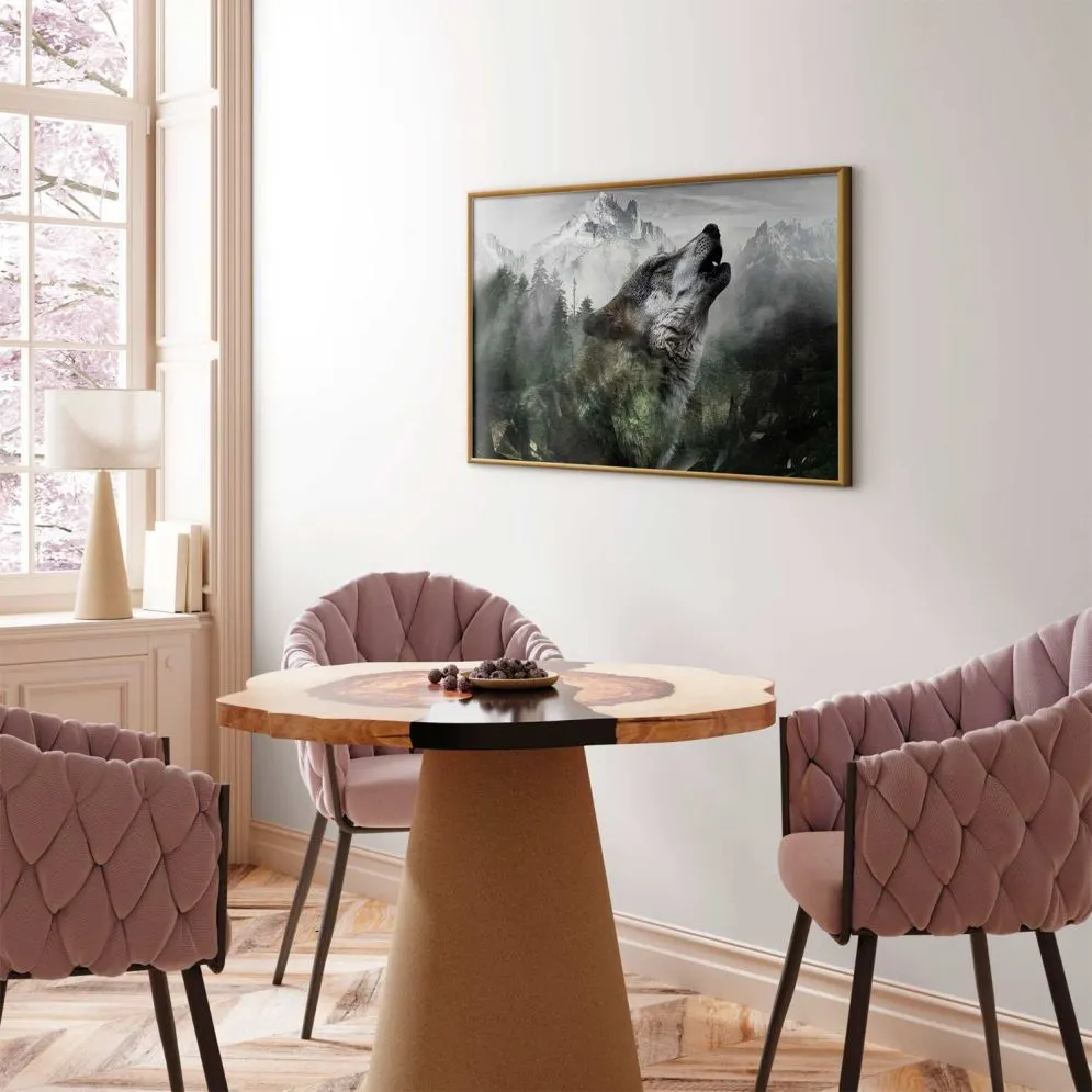 Plakat Wyjący wilk 90x60 cm z ramą złotą bez marginesu | MIRAT.