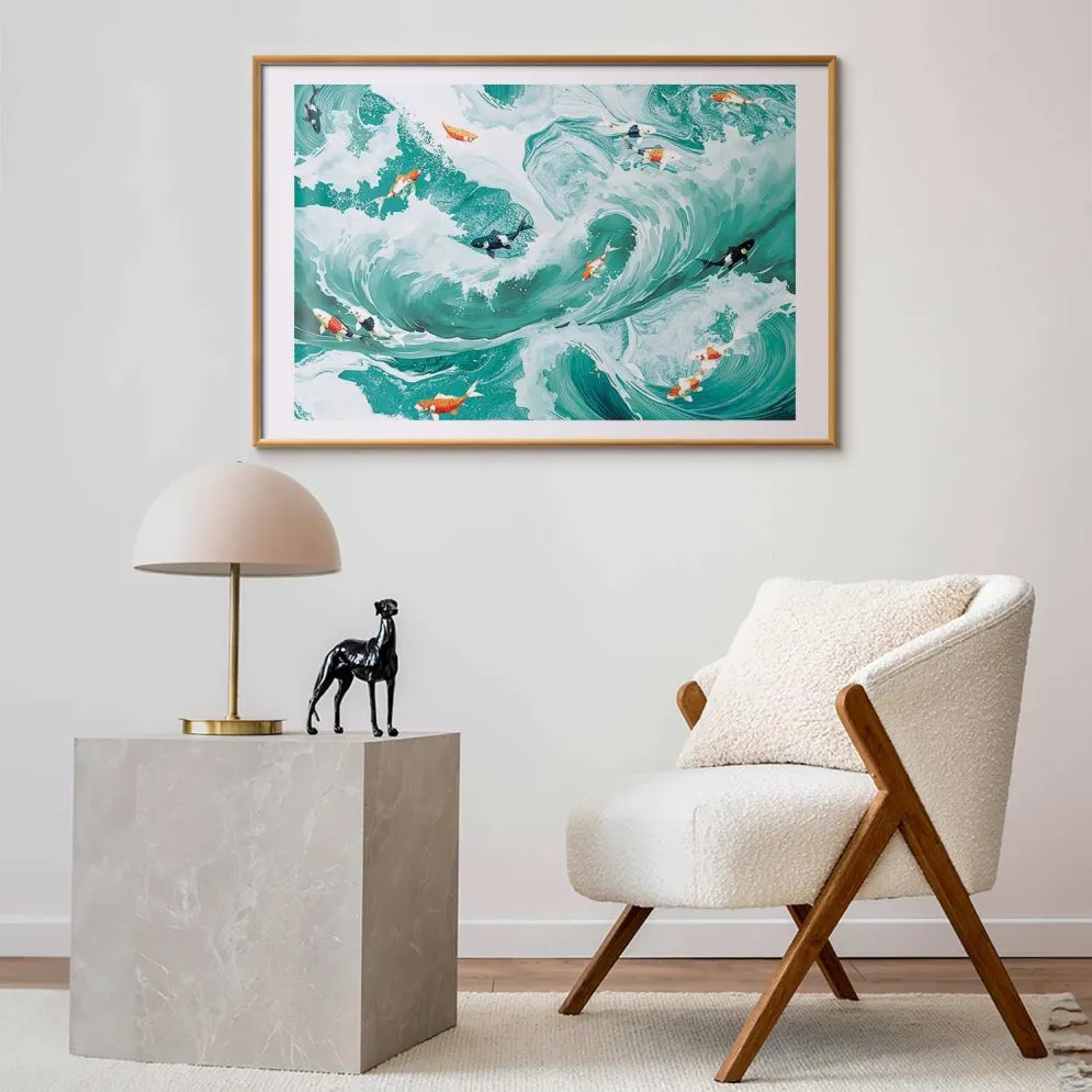 Plakat Ryby i fale 60x40 cm z ramą złotą z marginesem | MIRAT.
