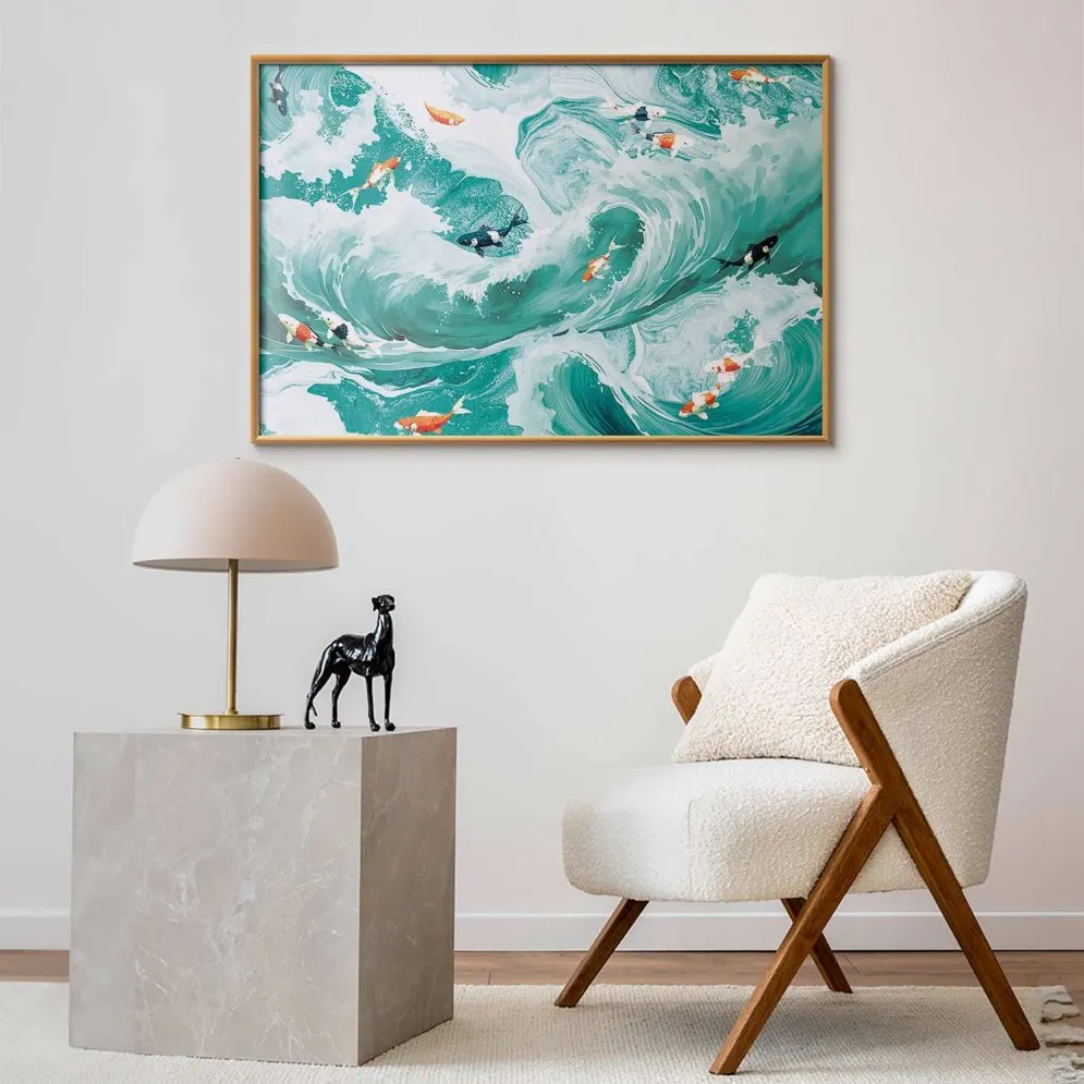 Plakat Ryby i fale 60x40 cm z ramą złotą bez marginesu | MIRAT.