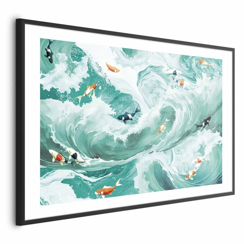 Plakat Ryby i fale 60x40 cm z ramą czarną z marginesem | MIRAT.