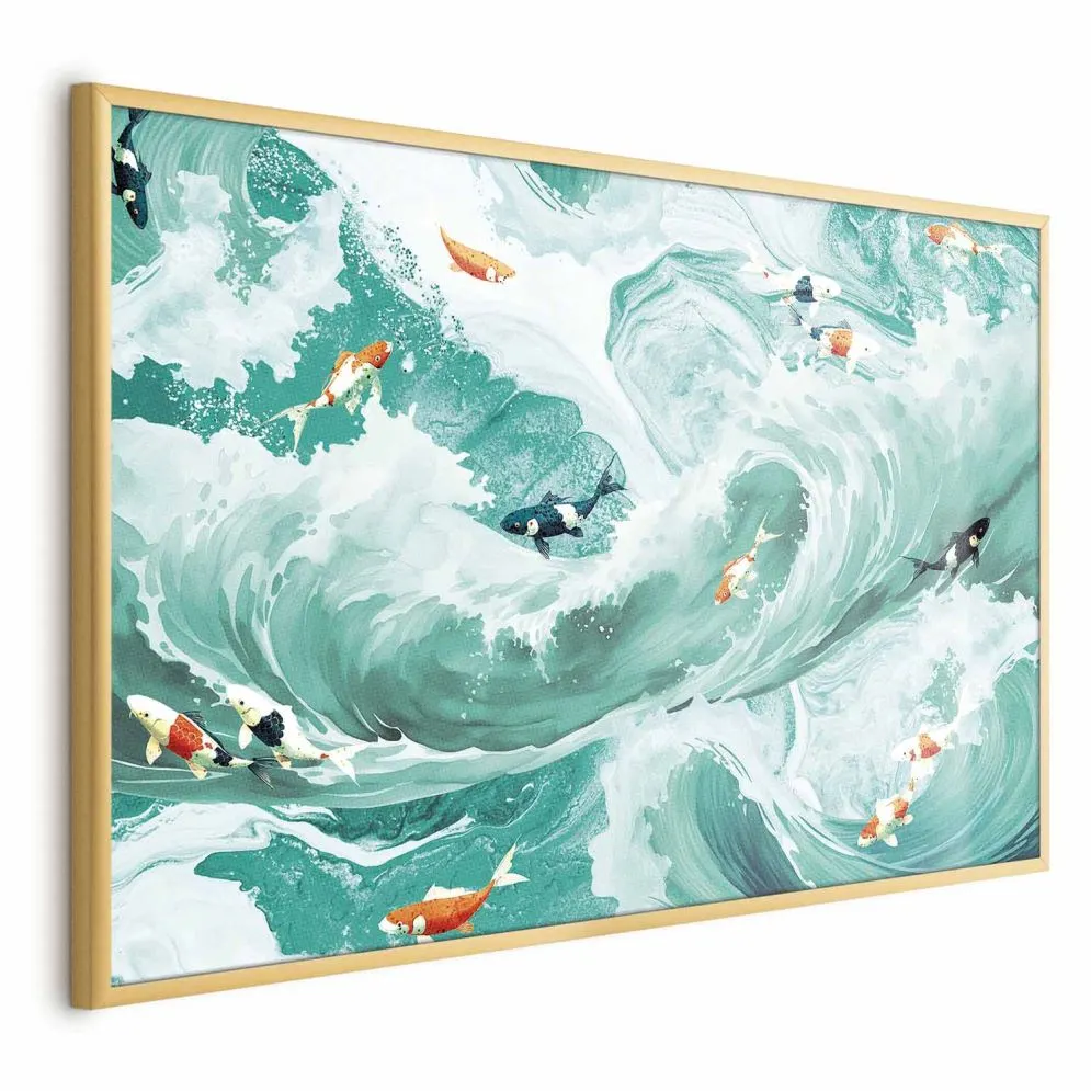 Plakat Ryby i fale 60x40 cm z ramą złotą bez marginesu | MIRAT.