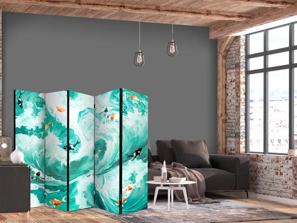 Parawan dwustronny Zwierzęta 225x172 cm 5-częściowy turkusowy | MIRAT.