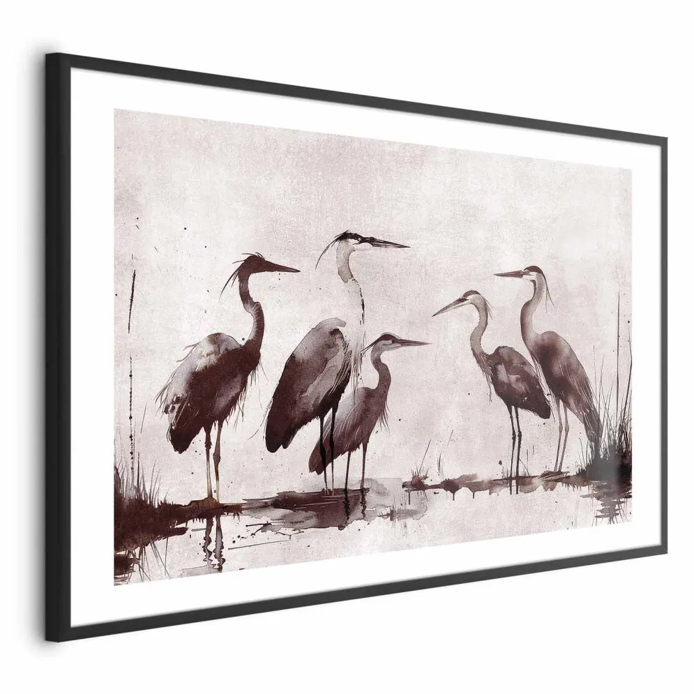 Plakat Malowane czaple 42x29,7 cm z ramą czarną z marginesem | MIRAT.