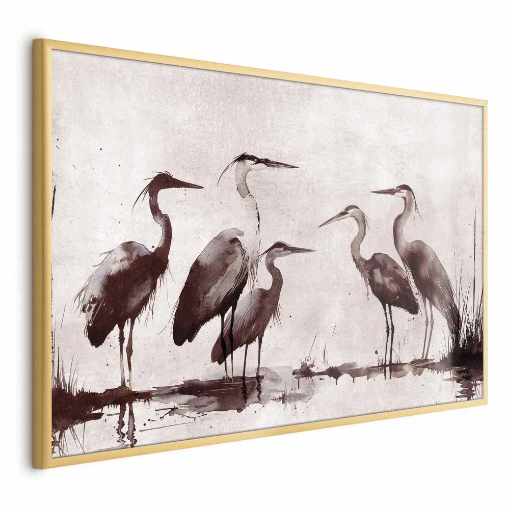 Plakat Malowane czaple 90x60 cm z ramą złotą bez marginesu | MIRAT.