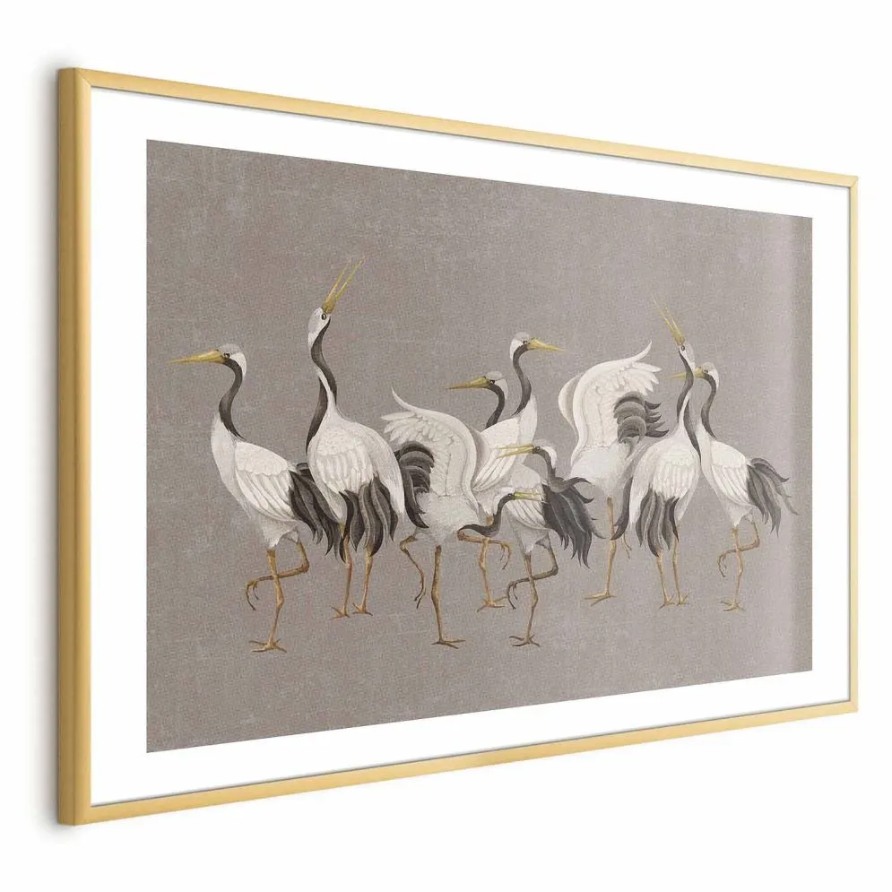 Plakat Taniec żurawi 42x29,7 cm z ramą złotą z marginesem | MIRAT.