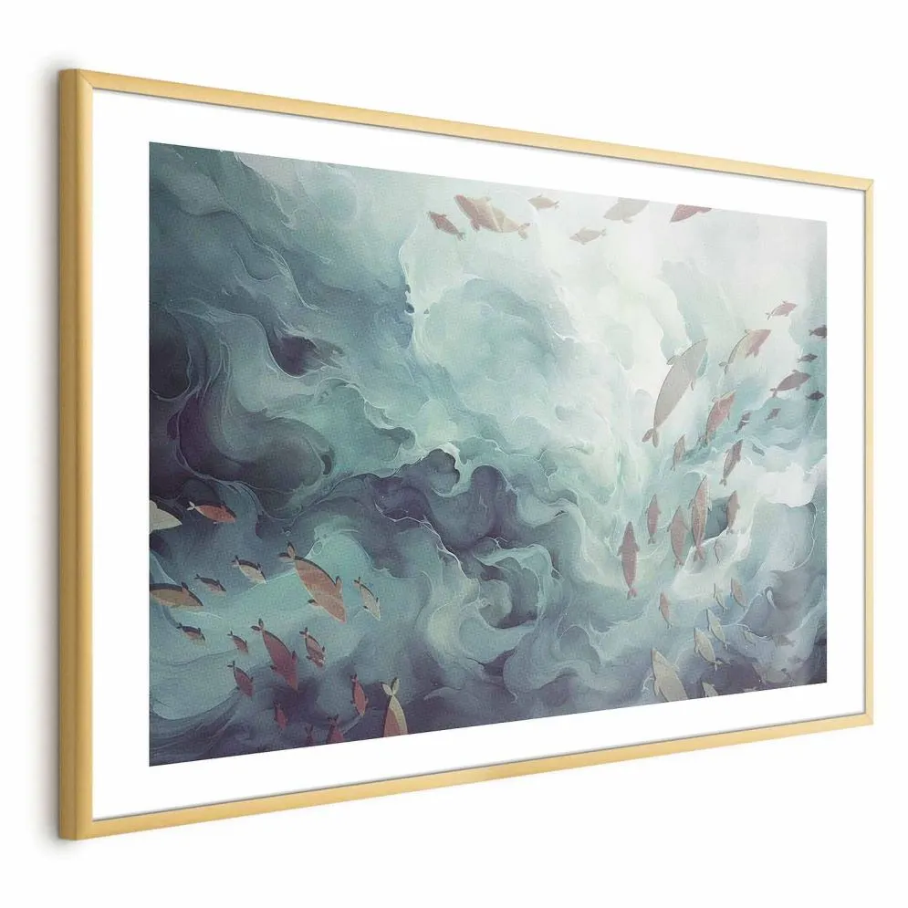 Plakat Ryby w oceanie 30x21 cm z ramą złotą z marginesem | MIRAT.