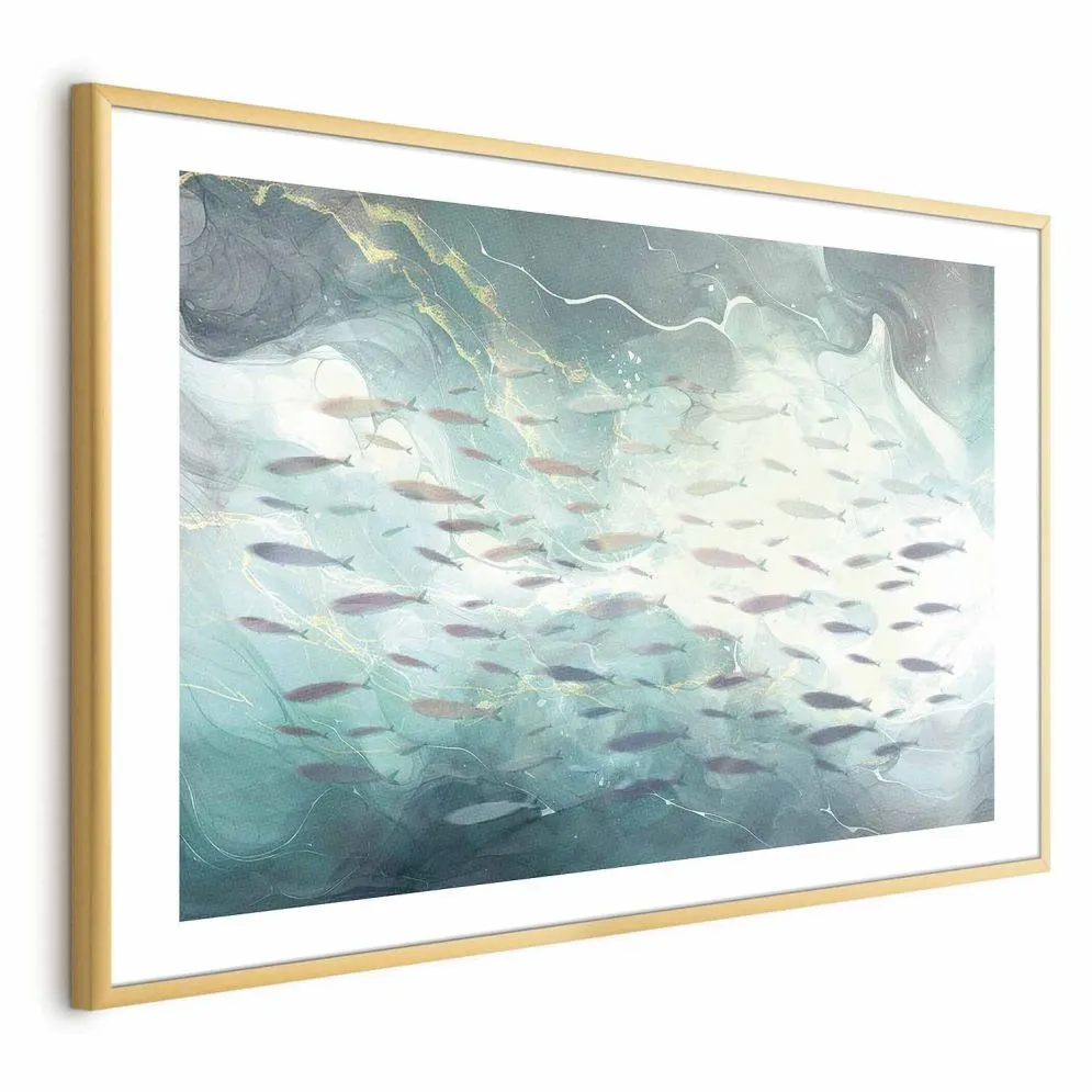 Plakat Ławica ryb 42x29,7 cm z ramą złotą z marginesem | MIRAT.
