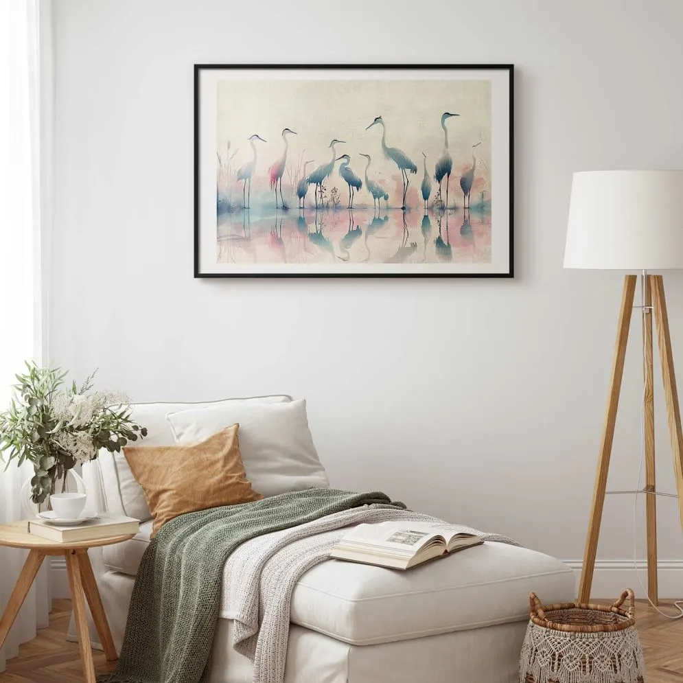 Plakat Ptaki nad jeziorem 42x29,7 cm z ramą czarną z marginesem | MIRAT.