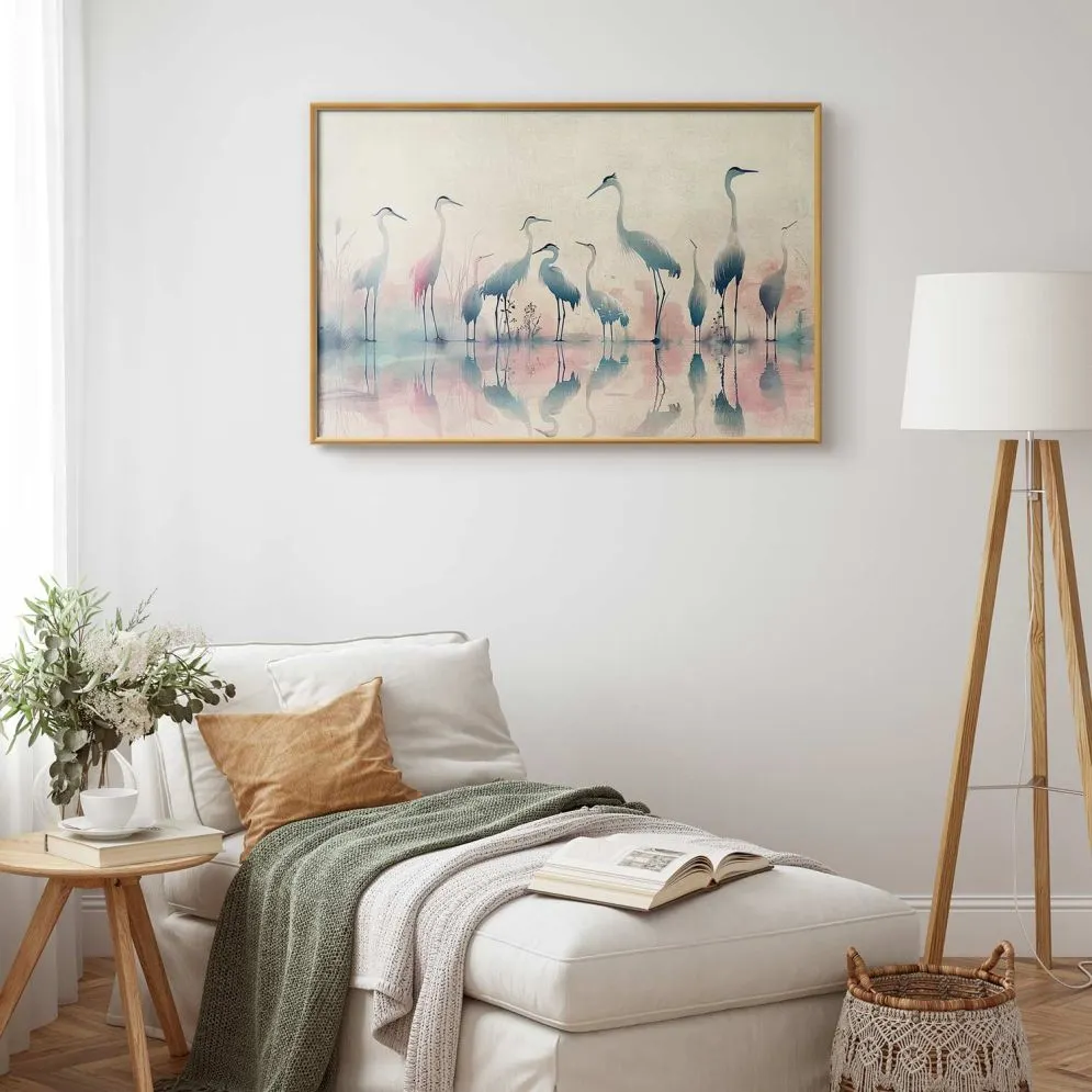 Plakat Ptaki nad jeziorem 42x29,7 cm z ramą złotą bez marginesu | MIRAT.