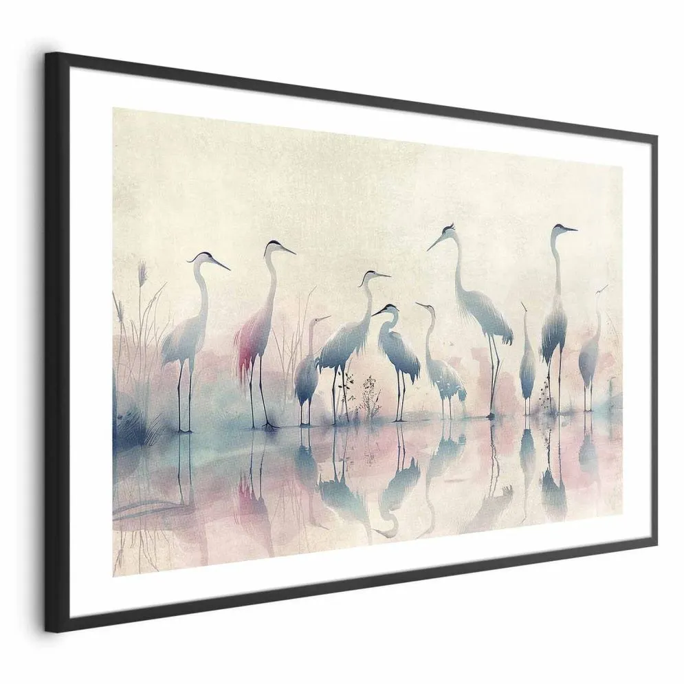Plakat Ptaki nad jeziorem 42x29,7 cm z ramą czarną z marginesem | MIRAT.