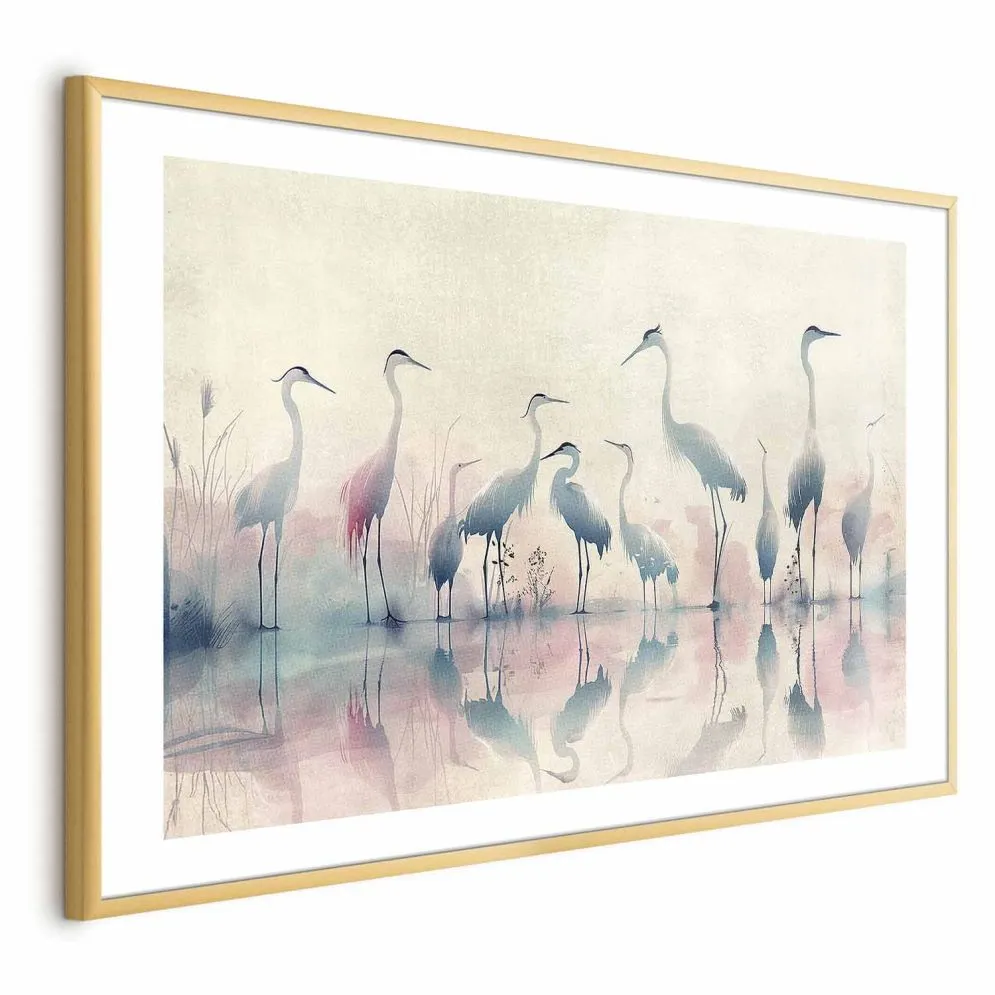 Plakat Ptaki nad jeziorem 42x29,7 cm z ramą złotą z marginesem | MIRAT.