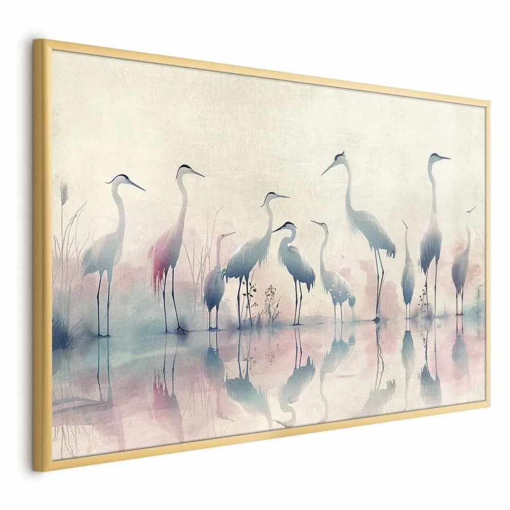 Plakat Ptaki nad jeziorem 42x29,7 cm z ramą złotą bez marginesu | MIRAT.