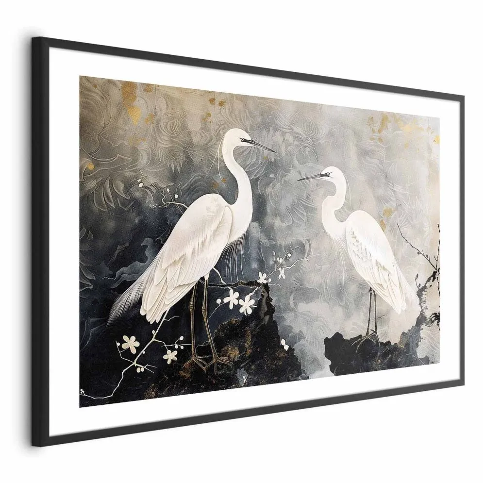 Plakat Czaple i kwiat wiśni 60x40 cm z ramą czarną z marginesem | MIRAT.
