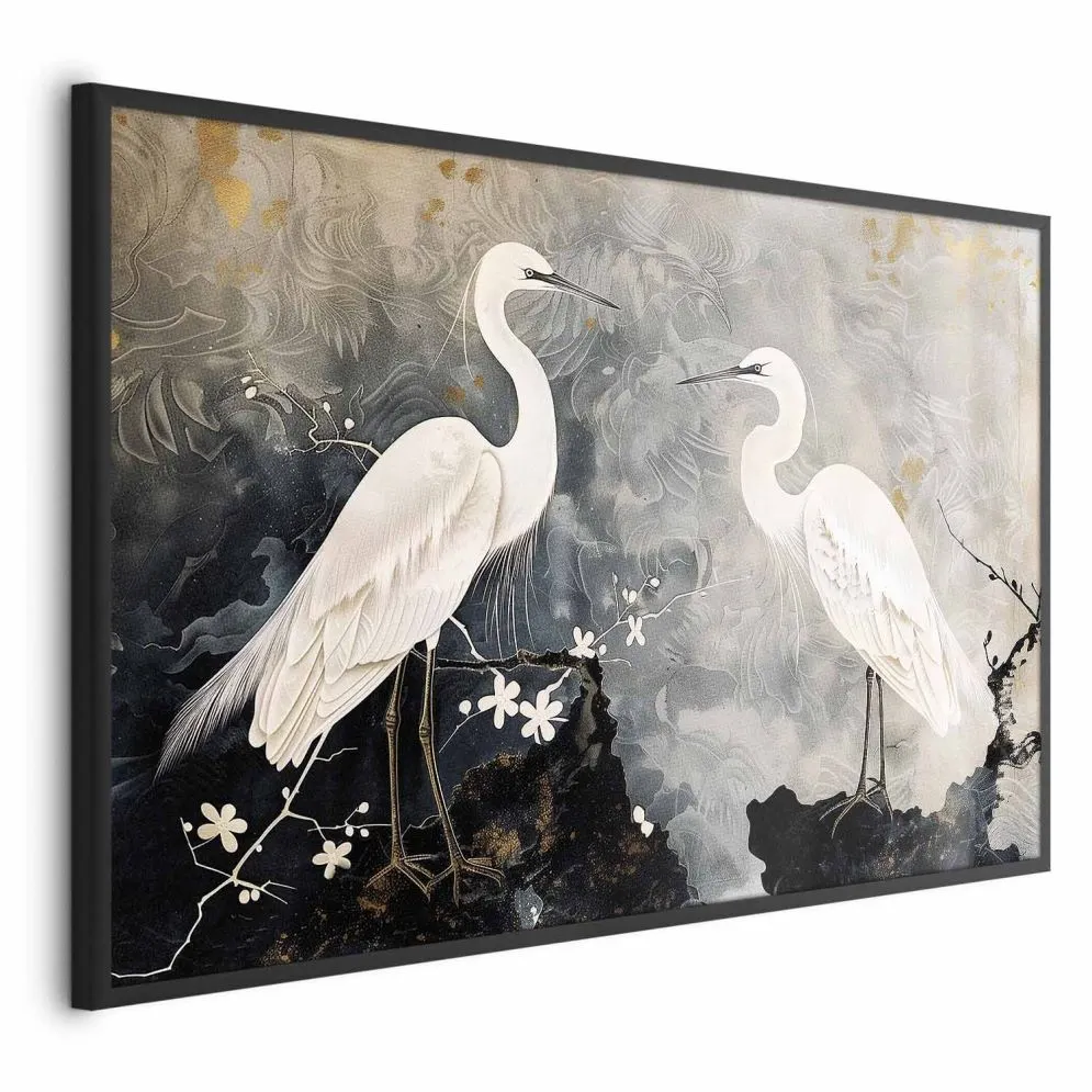 Plakat Czaple i kwiat wiśni 42x29,7 cm z ramą czarną bez marginesu | MIRAT.