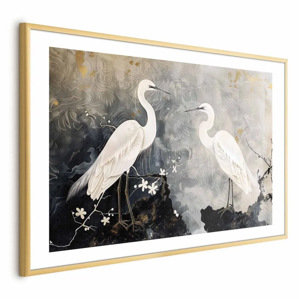 Plakat Czaple i kwiat wiśni 30x21 cm z ramą złotą z marginesem | MIRAT.