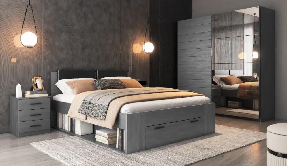 Szafka nocna GALAXY 3S dąb carbon I sklep do sypialni meblowy MIRAT. styl LOFT kolekcja GALAXY HELVETIA
